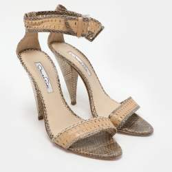 Oscar de la Renta Beige/Brown Snakeskin Ankle Strap Sandals Size 37.5