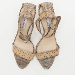 Oscar de la Renta Beige/Brown Snakeskin Ankle Strap Sandals Size 37.5