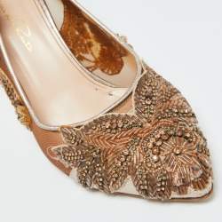 Pre Owned Oscar de la Renta Beige Leather and Mesh Embellished Alyssa Pumps Size 37.5