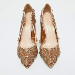 Pre Owned Oscar de la Renta Beige Leather and Mesh Embellished Alyssa Pumps Size 37.5