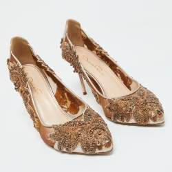 Pre Owned Oscar de la Renta Beige Leather and Mesh Embellished Alyssa Pumps Size 37.5
