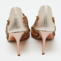 Pre Owned Oscar de la Renta Beige Leather and Mesh Embellished Alyssa Pumps Size 37.5