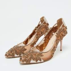 Pre Owned Oscar de la Renta Beige Leather and Mesh Embellished Alyssa Pumps Size 37.5