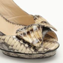 Pre Owned Oscar de la Renta Snakeskin Leather Slingback Bow Peep Toe Sandals 38.5