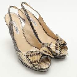 Pre Owned Oscar de la Renta Snakeskin Leather Slingback Bow Peep Toe Sandals 38.5