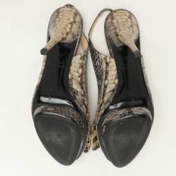 Pre Owned Oscar de la Renta Snakeskin Leather Slingback Bow Peep Toe Sandals 38.5