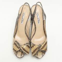 Pre Owned Oscar de la Renta Snakeskin Leather Slingback Bow Peep Toe Sandals 38.5