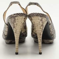 Pre Owned Oscar de la Renta Snakeskin Leather Slingback Bow Peep Toe Sandals 38.5