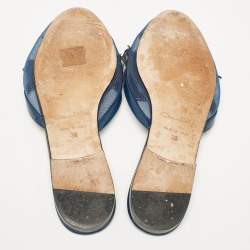 Pre Owned Oscar de la Renta Navy Blue Mesh Embellished Flat Mules Size 38