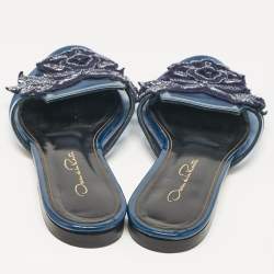 Pre Owned Oscar de la Renta Navy Blue Mesh Embellished Flat Mules Size 38