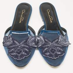 Pre Owned Oscar de la Renta Navy Blue Mesh Embellished Flat Mules Size 38