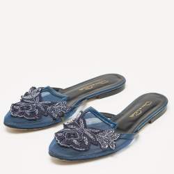 Pre Owned Oscar de la Renta Navy Blue Mesh Embellished Flat Mules Size 38