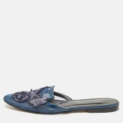 Pre Owned Oscar de la Renta Navy Blue Mesh Embellished Flat Mules Size 38