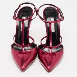 Oscar de la Renta Red Leather Pointed Toe Ankle Strap Pumps Size 38