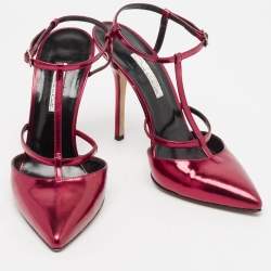 Oscar de la Renta Red Leather Pointed Toe Ankle Strap Pumps Size 38