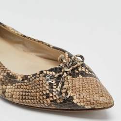 Pre Owned Oscar de la Renta Brown Python Embossed Leather Bow Ballet Flats Size 39
