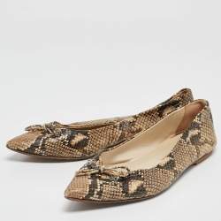 Pre Owned Oscar de la Renta Brown Python Embossed Leather Bow Ballet Flats Size 39