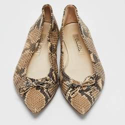Pre Owned Oscar de la Renta Brown Python Embossed Leather Bow Ballet Flats Size 39