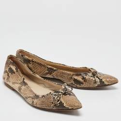 Pre Owned Oscar de la Renta Brown Python Embossed Leather Bow Ballet Flats Size 39