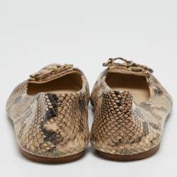 Pre Owned Oscar de la Renta Brown Python Embossed Leather Bow Ballet Flats Size 39