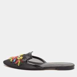 Oscar de la Renta Black Mesh And Patent Leather Embellished Flat Mules Size 41