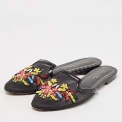 Oscar de la Renta Black Mesh And Patent Leather Embellished Flat Mules Size 41