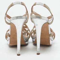 Oscar de la Renta Silver/Beige Leather and Canvas Platform Sandals Size 38.5