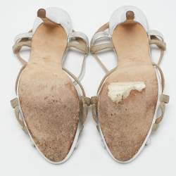 Oscar de la Renta Silver/Beige Leather and Canvas Platform Sandals Size 38.5