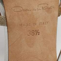 Oscar de la Renta Silver/Beige Leather and Canvas Platform Sandals Size 38.5