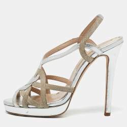 Oscar de la Renta Silver/Beige Leather and Canvas Platform Sandals Size 38.5