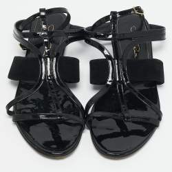 Oscar de la Renta Black Patent Leather and Suede Jenisa Ankle Strap Flats Size 39