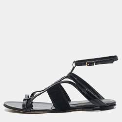 Oscar de la Renta Black Patent Leather and Suede Jenisa Ankle Strap Flats Size 39