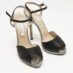 Oscar de la Renta Black Satin Pleated Ankle Strap Sandals Size 38.5