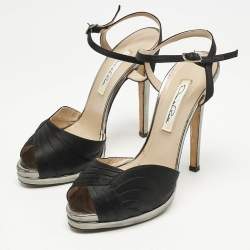 Oscar de la Renta Black Satin Pleated Ankle Strap Sandals Size 38.5