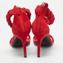 Pre Owned Oscar de la Renta Red Suede Braided Ankle Strap Sandals Size 41