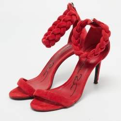 Pre Owned Oscar de la Renta Red Suede Braided Ankle Strap Sandals Size 41