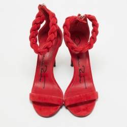 Pre Owned Oscar de la Renta Red Suede Braided Ankle Strap Sandals Size 41