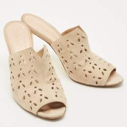 Pre Owned Oscar de la Renta Beige Suede Floral Cut Out Sandals Size 40