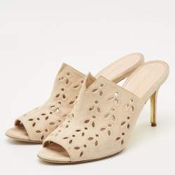 Pre Owned Oscar de la Renta Beige Suede Floral Cut Out Sandals Size 40