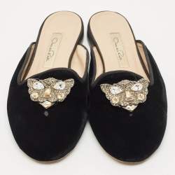 Pre Owned Oscar de la Renta Black Velvet Crystals Embellished Flat Mules Size 41