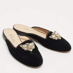 Pre Owned Oscar de la Renta Black Velvet Crystals Embellished Flat Mules Size 41