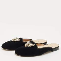 Pre Owned Oscar de la Renta Black Velvet Crystals Embellished Flat Mules Size 41
