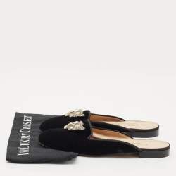 Pre Owned Oscar de la Renta Black Velvet Crystals Embellished Flat Mules Size 41