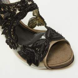 Pre Owned Oscar de la Renta Black PVC, Patent Leather and Mesh Ambria Peep Toe Pumps Size 38