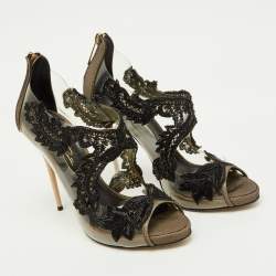 Pre Owned Oscar de la Renta Black PVC, Patent Leather and Mesh Ambria Peep Toe Pumps Size 38