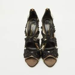 Pre Owned Oscar de la Renta Black PVC, Patent Leather and Mesh Ambria Peep Toe Pumps Size 38