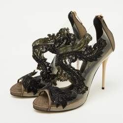 Pre Owned Oscar de la Renta Black PVC, Patent Leather and Mesh Ambria Peep Toe Pumps Size 38