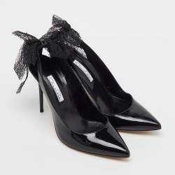 Pre Owned Oscar de la Renta Black Patent Leather Cut Out Bow Pumps Size 37.5