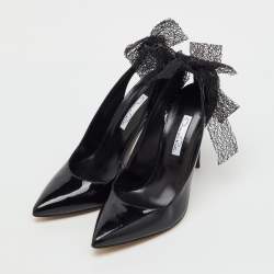 Pre Owned Oscar de la Renta Black Patent Leather Cut Out Bow Pumps Size 37.5