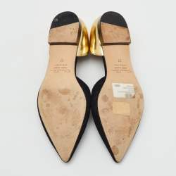 Pre Owned Oscar de la Renta Black/Gold Suede and Leather Bow Accents Flats Size 37